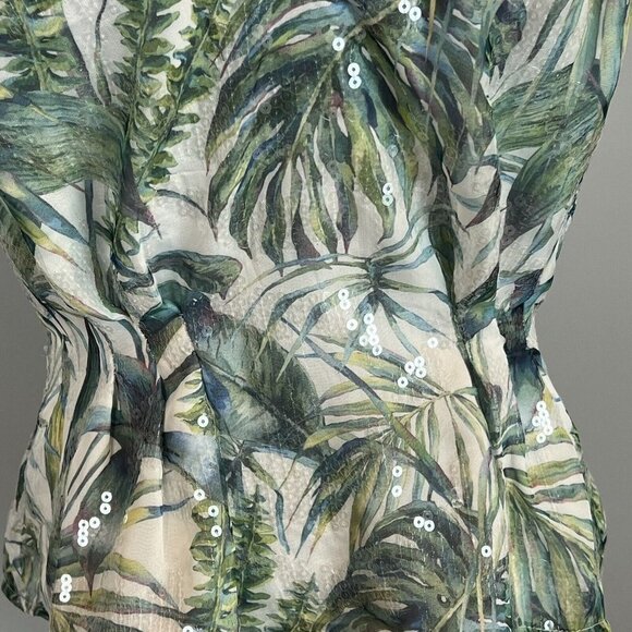 Bebe Sleeveless Blouse Tropical Chiffon Leaf Print Clear Sequins Size 6 NWT - Picture 4 of 13